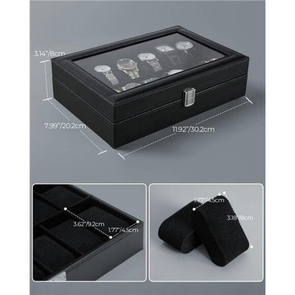 Watch Box Organizer 12 Slot PU Leather Glass Lid Display Case for Jewelry - Picture 3 of 7